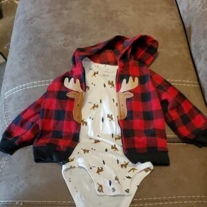 Red Plaid Baby Hoodie with Deer Onesie